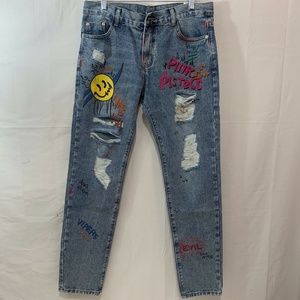 OEYES Men NIB Kirin Strange Style Hip Hop Graffiti Print Jeans Size 2XL 34.6"W